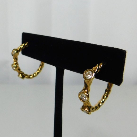 Gold Tone Hoops Clear Rhinestones Pierced Earrings - Picture 4 of 6